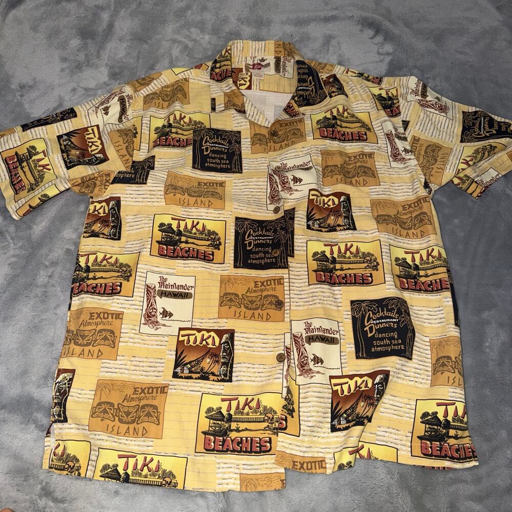 Koloa Hawaiian Silk Shirt Men’s M Tiki Beaches Vintage Print Camp Collar